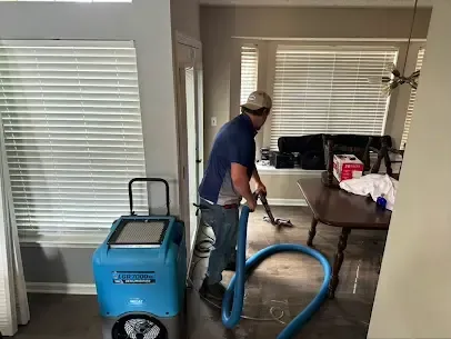 Extraction hose running beside a dehumidifier in a living room