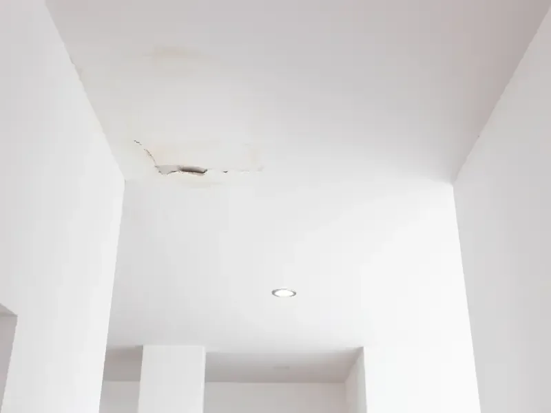 Water stains and cracked paint on a ceiling soffit below a leak