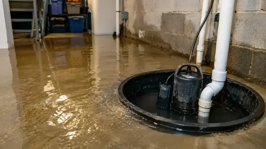 Water covering a basement floor around a sump pit the pump could not keep up with