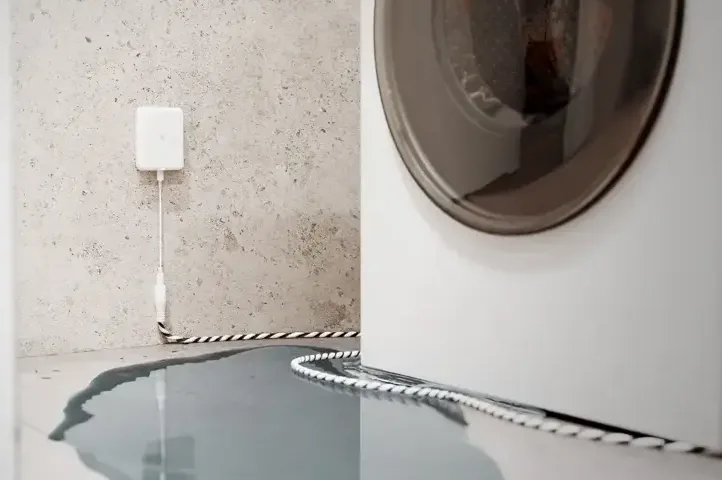 Water collecting on a laundry room floor beside a front-load washer