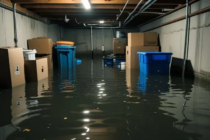 Finished basement floor covered in standing water before extraction