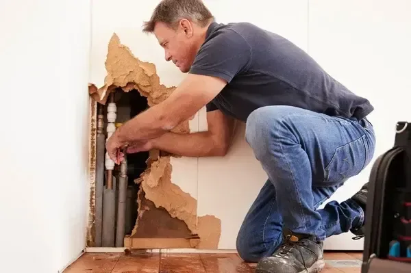 Drywall cut open to expose a burst supply pipe inside a wall