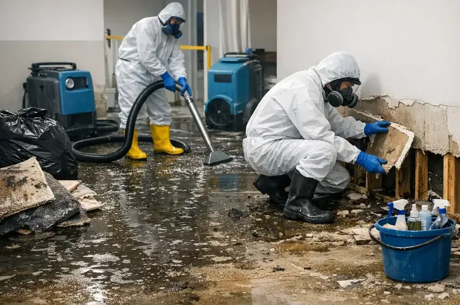 Black water cleanup underway on a basement floor