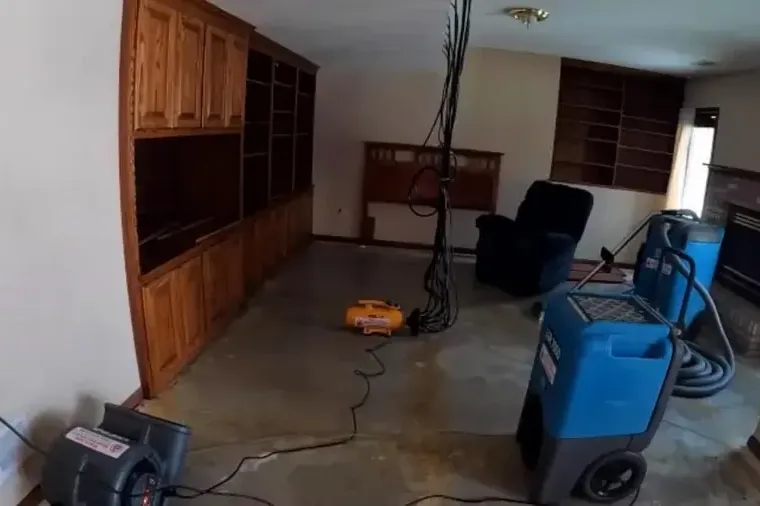 Air movers and dehumidifiers drying a living room stripped to the bare floor