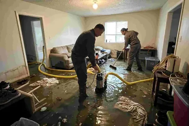 Water being extracted from a flooded finished basement